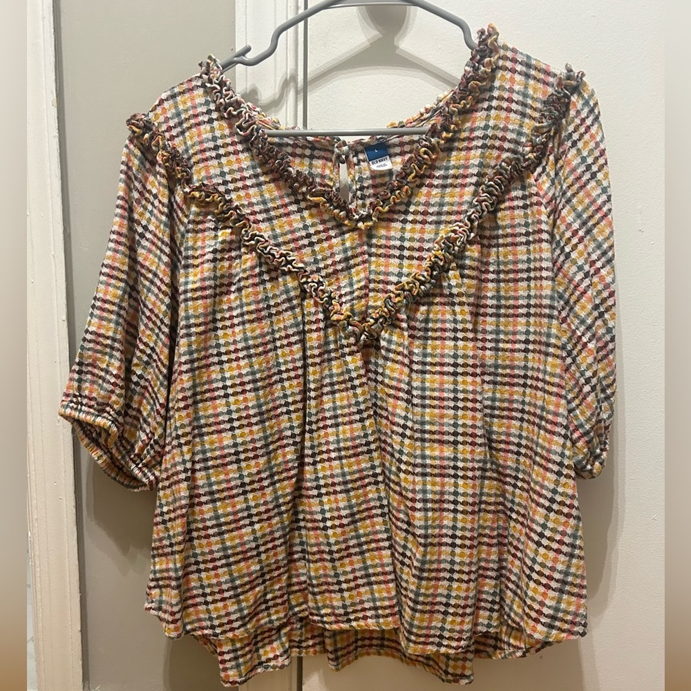 Ruffle puff sleeve gingham blouse